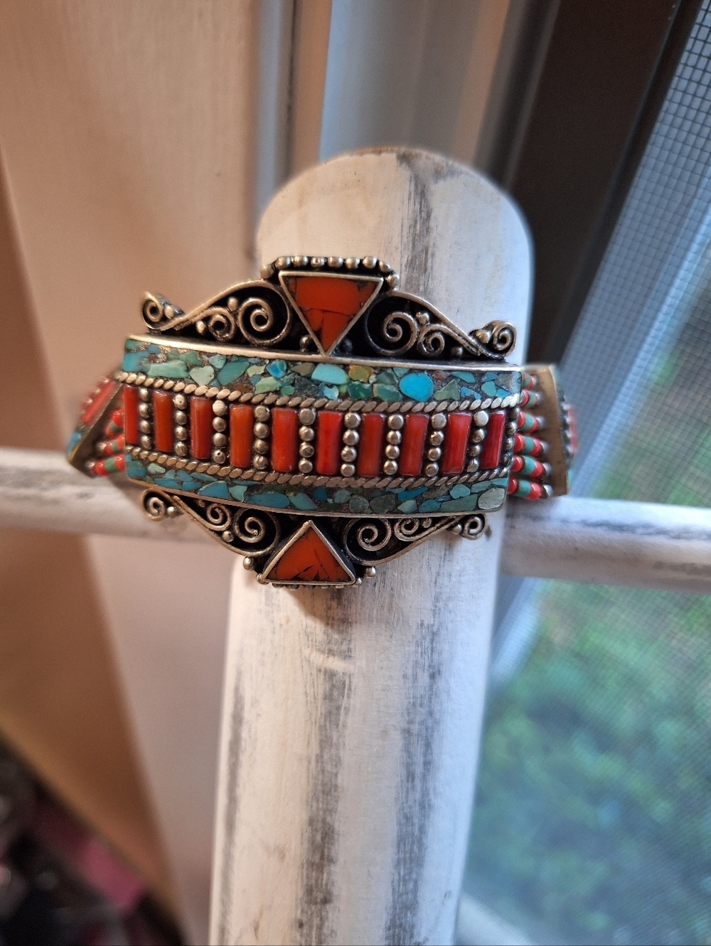 Tibetan Cuff Bracelet  Inlay Turquoise & RED stones Silver Metal Statement Boho
